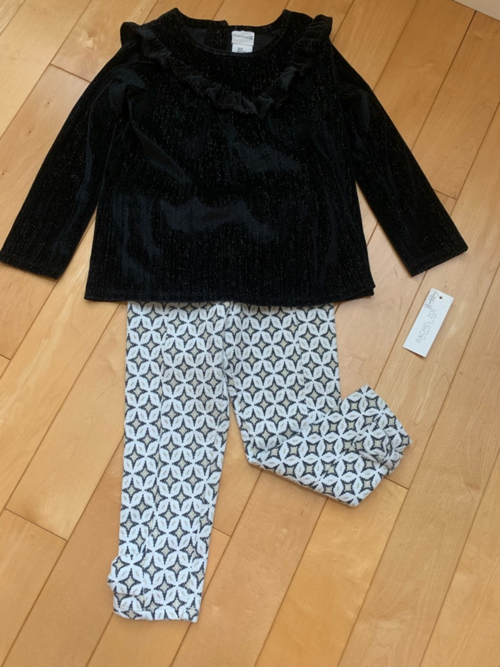 Rachel Zoe 3T 2 pce NWT Black Velvet Ruffle Top with Patterned Leggings Set